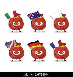 Red bag Cartoon-Figur bringen die Flaggen verschiedener Länder. Vektorgrafik Stock Vektor