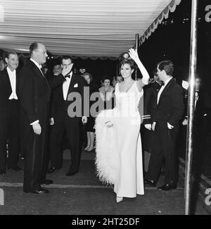 Born Free 1966, Royal Film Performance, The Odeon, Leicester Square, London, Montag, 14.. März 1966. Unser Bild zeigt... Raquel Welch kommt am Theater an. Stockfoto