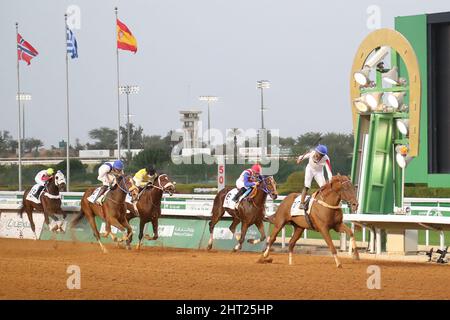 Riad, USA. 26.. Februar 2022. 26. Februar 2022: Aan Alawaan #17 mit C. Ospina gewinnt am 26.. Februar 2022 auf der King Abdulaziz Racecourse in Riad, Saudi-Arabien, den Jockey Club Local Handicap. Shamela Hanley/Eclipse Sportswire/CSM/Alamy Live News Stockfoto