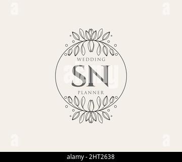 SN Initials Letter Hochzeit Monogram Logos Kollektion, handgezeichnete moderne minimalistische und florale Vorlagen für Einladungskarten, Save the Date, elegant Stock Vektor