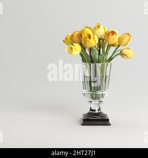 Glasvase mit dekorativen gelben Tulpen isoliert auf hellem Hintergrund Stockfoto