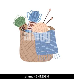 Korb mit Stricknadeln, Wollfäden und Stricknadeln. Vektorgrafik in einem flachen Stil. Stock Vektor