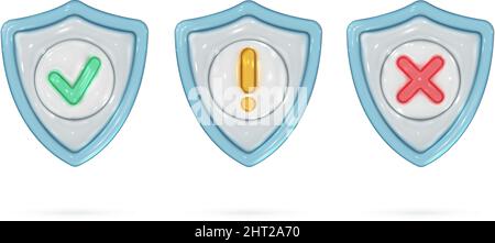 3D glänzendes Schild in realistischem Stil. Glasscheiben mit Häkchen, Ausrufezeichen und Kreuzsymbol. Sicherheit, garantiert, Symbol für medizinischen Schutz. Vektorrendern von Designelementen. Stock Vektor