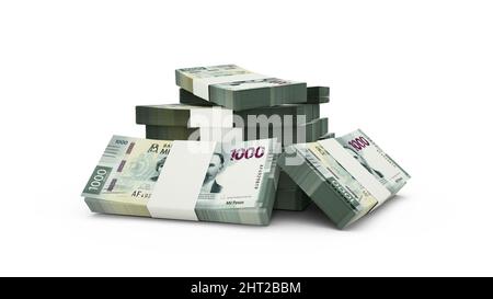 3D Darstellung von Stack mexikanischer Peso-Noten. Bündeln mexikanischer Währungsscheine isoliert auf weißem Hintergrund Stockfoto