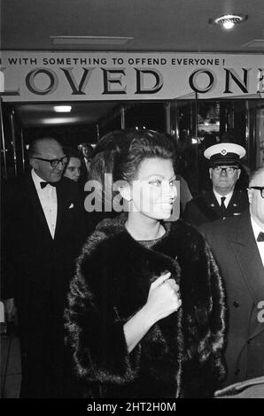 Sophia Loren kommt mit ihrem Mann Carlo Ponti am Empire, Leicester Square, zur Premiere ihres neuesten Films „Lady L“ an. 25.. November 1965. Stockfoto