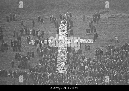 Aberfan - 27.. Oktober 1966 das riesige Kreuz von Kränzen auf dem Aberfan-Friedhof am Hang, während die Beerdigungen stattfinden. Die Katastrophe von Aberfan war ein katastrophaler Einsturz einer kollidierenden Beute im walisischen Dorf Aberfan, in der Nähe von Merthyr Tydfil. Er wurde durch eine Ansammlung von Wasser im angesammelten Fels und Schiefer verursacht, die plötzlich in Form von Schlamm bergab zu rutschen begann und am 21.. Oktober 1966 die Pantglas Junior School darunter verschlang und 116 Kinder und 28 Erwachsene tötete. Das ursprüngliche Schulgelände ist heute ein Gedenkgarten. Aufgenommen am 27.. Oktober 1966The Ereignisse am Freitag, 21. Oktob Stockfoto