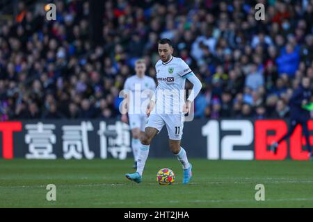 26.. Februar 2022 ; Selhurst Park, Crystal Palace, London, England; Premier League Football, Crystal Palace gegen Burnley: Dwight McNeil von Burnley Stockfoto