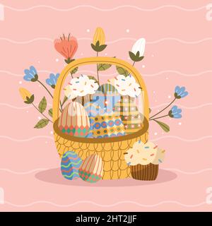 osterkorb mit Blumen und Eiern Stock Vektor