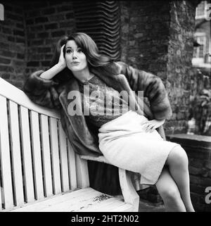 Die Parisienne-Schauspielerin Claudine Auger, die Domino im James Bond-Film Thunderball spielen wird, der hier während eines Interviews mit dem Daily Mirror-Showbusiness-Reporter Donald Zec zu sehen ist. 17.. Februar 1965 Stockfoto