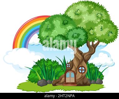 Fantasy Baumhaus mit Regenbogen am Himmel Illustration Stock Vektor