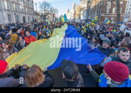 London, Großbritannien. Februar 2022. Eine große Menschenmenge versammelt sich im Zentrum Londons, um Solidarität mit der Ukraine zu zeigen und eine riesige ukrainische Flagge auf der anderen Straßenseite zu entfalten. Die Teilnehmer schwenken kleinere Fahnen und tragen blaue und gelbe Kleidung, die Einheit und Unterstützung in andauernden Konflikten symbolisiert. Demonstranten laufen mit einer riesigen ukrainischen Flagge entlang Whitehall. Penelope Barritt/Alamy Live News Stockfoto