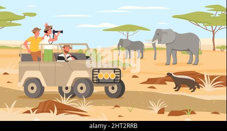 Cartoon Mann Frau Figuren Reisen auf Jeep, Reisende Fotos von afrikanischen wilden Tieren Hintergrund. Safari Reise Abenteuer, Tour in Afrika Stock Vektor
