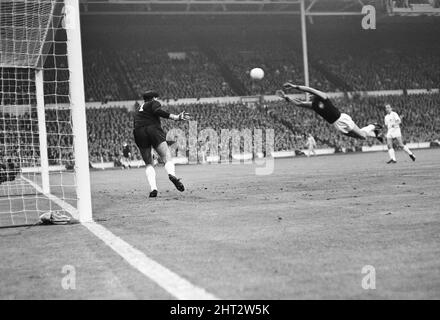 Finale des Europapokal der Pokalsieger im Wembley-Stadion. West Ham United 2 V 1860 München 0. Das Tor ist nicht erlaubt, da Alan Sealey von West Ham den Ball ins Netz schlägt. 19. Mai 1965. Stockfoto