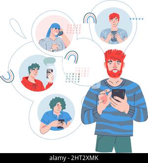 Junger Mann sendet Nachrichten an seine Freunde im Chat mit dem Mobiltelefon. Internet-Chat, virtuelle Online-Kommunikation oder empfehlen Sie einen Freund Konzept, Karikatur ve Stock Vektor