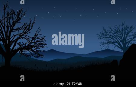 Fantastische Aussicht auf die Berge mit trockener Baumsilhouette des Dorfes in der Nacht. Vektordarstellung einer Stadt Stock Vektor