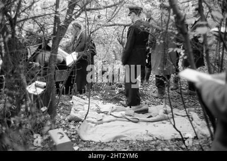 Harry Roberts wollte im Zusammenhang mit der Erschießung von drei Londoner Polizisten wurde heute in einem Wald bei Bishops Stortford in Herts wieder aufgenommen. Roberts, der seit mehr als drei Monaten gesucht wird, gab ohne Probleme der Polizei sgt Peter Smith nach. In einem getarnten Zelt am Rande von Thorley Wood entdeckte die Polizei eines der geschickt ausgeklügeltesten Verstecke, die je bekannt waren, wo Roberts in den letzten sechs Wochen gelebt hat. Das Zelt ist 5ft hoch an seinem höchsten Punkt und von einer Plastikfolie getarnt und enthielt eine Fülle von Lebensmitteln und Brennstoffen. Ein Camp-Bett und ein Aluminium-Stuhl wie wir Stockfoto