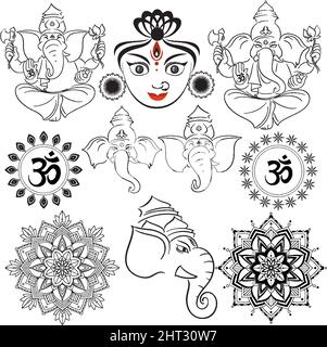 Set aus Mandala-Design in verschiedenen Mustern und indische Götter Illustration Stock Vektor