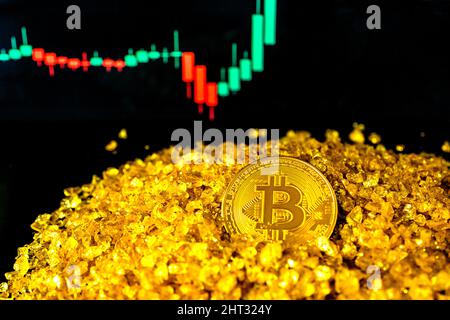 Bitcoin-Münze auf dem Berg aus Goldkristall-Mineralstein. Hintergrund für das Aktienwachstum verschwommen. Das Diagramm zeigt einen starken Anstieg des Bitcoin-Preises. Zoll Stockfoto