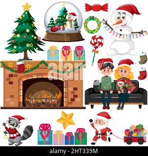 Weihnachts-Set mit Baum und Dekorationen Illustration Stock Vektor