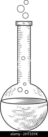 Vector pharmazeutische Glasflaschen, Becher und Reagenzgläser in alten Gravurstil.Skizze eines physikalischen oder chemischen Laborexperiments und Ausrüstung. Stock Vektor