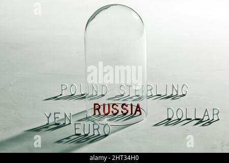 Das Konzept der Sanktionen für Russland, um die Zahlungsfähigkeit in Fremdwährungen zu schließen Stockfoto