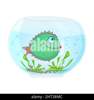Aquarium mit Fisch isoliert auf weißem Hintergrund. Cartoon-Fischschale mit lustigen grünen Fischen, Wasser, Algen, Steinen und Blasen. Farbenfrohe Meerwasseraquarien Stock Vektor
