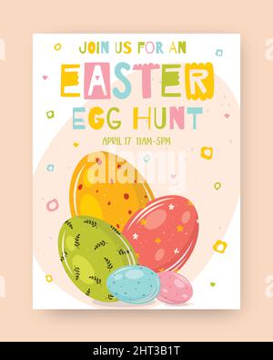 Einladung zur Ostereiersuche. Papiereier mit handgezeichneten Doodle-Ostersymbolen und Aquarellspritzern. Ostervektorhintergrund. Eieraufkleber. Stock Vektor