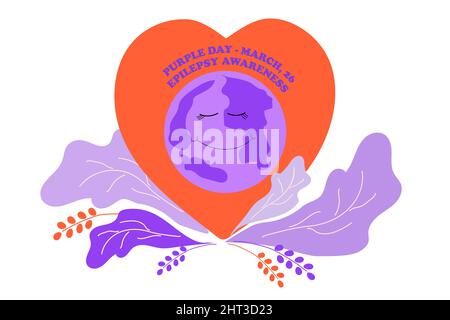 Lila Erde auf einem roten Herzen. Welttag Des Epilepsiebewusstseins. Violetter Tag. 26. März. Design für eine Postkarte, ein Banner, ein Poster oder eine Vorlage. Flache Abbildung. Stock Vektor