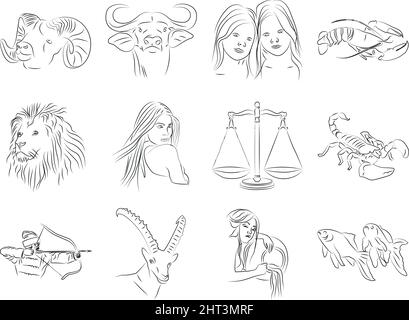 Eine Reihe von Ikonen der Tierkreiszeichen in einer freien Interpretation des Stils des Autors. Stilisierte Vektorsymbole, die mit Striche von differen Linien gezeichnet wurden Stock Vektor