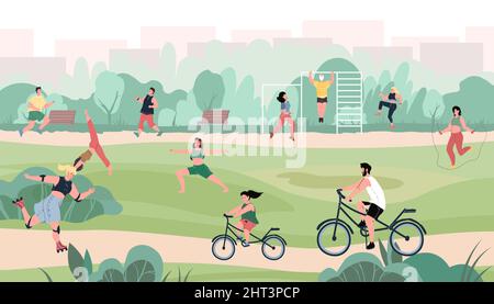 Cartoon flache Charaktere tun verschiedene Outdoor-Sport-Aktivitäten im Stadtpark, gesunde sportliche Lifestyle Vektor Illustration Konzept Stock Vektor