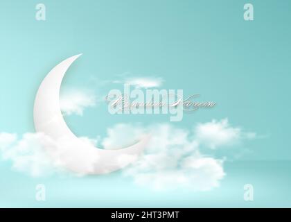 Halbmond arabisches islamisches Symbol Ramadan Kareem am Himmel Konzept für muslimische Gemeindefest. Banner Vorlage Vektor-Illustration auf blauem Himmel Stock Vektor