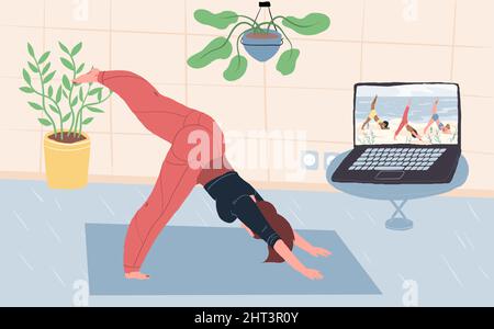 Flache Cartoon Frau Charakter tun Yoga Pose, Sport Online-App mit Vektor-Illustration Konzept Stock Vektor