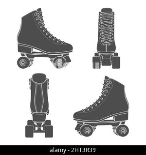 Satz von Schwarz-Weiß-Bildern mit Rollen, Rollerquads. Isolierte Vektorobjekte auf weißem Hintergrund. Stock Vektor