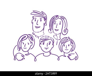 Frohe Familie. Eltern mit Kindern kritzeln. Niedliche Karikatur in linearen Stil Vektor-Illustration gezeichnet Stock Vektor