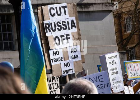 London, Großbritannien. 26.. Februar 2022. Plakate mit Inschriften sind in Downing Street, London, Großbritannien, nach Russlands Invasion der Ukraine während der Demonstration zu sehen. Kredit: SOPA Images Limited/Alamy Live Nachrichten Stockfoto