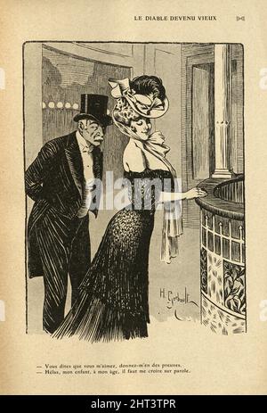 Vintage Französisch Cartoon von Henri Gerbault, Alter Mann flirtet mit schönen Frau, 1900s. Der Teufel alt geworden… Du sagst, du liebst mich, gib mir den Beweis dafür. Stockfoto