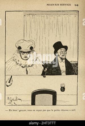 Reifes Paar wartet mit ihrem Hund im Restaurant. Französischer Vintage-Cartoon von Henri Gerbault, 1900s. Schlechter Service. Na Ja! Junge, kannst du das nicht sehen, der li Stockfoto