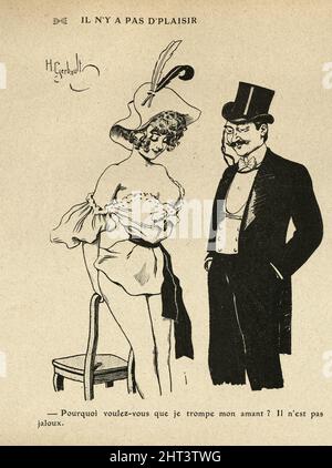 Gut gekleideter Mann, der auf die Brust einer schönen Frau schaut, Vintage French Cartoon von Henri Gerbault, 1900s. ES GIBT KEINE LIEBE - Warum willst du, dass ich betrügen soll Stockfoto