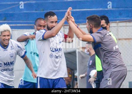 Curitiba, Brasilien. 26.. Februar 2022. PR - Curitiba - 02/26/2022 - PARANAENSE 2022, PARANA CLUBE X UNIAO - Union-Spieler Sato feiert sein Tor während eines Spiels gegen Parana Clube im Vila Capanema Stadion für die Paranaense Meisterschaft 2022. Foto: Gabriel Machado/AGIF/Sipa USA Quelle: SIPA USA/Alamy Live News Stockfoto