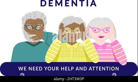 Die Symptome der Alzheimer-Demenz bestehen aus einer Reihe von menschlichen Charakteren älterer Menschen. Mit der Inschrift brauchen wir Ihre Hilfe und Aufmerksamkeit. Niedlich Stock Vektor