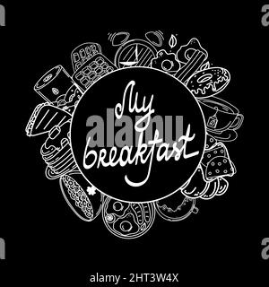 Handgezeichnete Speisen und Geräte im Doodle-Stil. Elemente auf schwarzem Hintergrund. Mixer, Toaster. Handschriftliche Beschriftung. Guten Morgen Frühstück. Flacher Vektor Stock Vektor