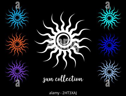 Set bunte Tribal Sun Tattoo Sonnenrad Symbol, Sonnenrad Zeichen. Sommersymbol. Das alte europäische esoterische Element. Logo Grafik Element spiralförmig Stock Vektor