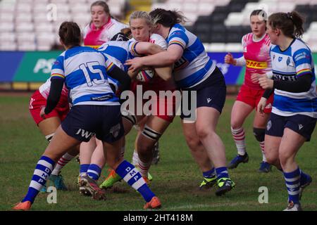 Darlington, England, 26. Februar 2022. Action vom Premier 15s Rugby Union Match zwischen DMP Durham Sharks und Harlekins in der Darlington Arena. Quelle: Colin Edwards Stockfoto