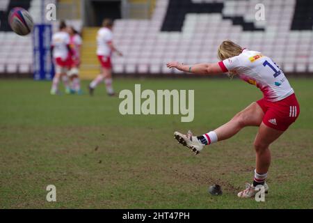 Darlington, England, 26. Februar 2022. Ellie Green tritt in einem Premier 15s-Spiel in der Darlington Arena gegen die Frauen von Harlekins gegen DMP Durham Sharks an. Quelle: Colin Edwards Stockfoto