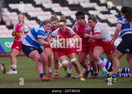 Darlington, England, 26. Februar 2022. Action vom Premier 15s Rugby Union Match zwischen DMP Durham Sharks und Harlekins in der Darlington Arena. Quelle: Colin Edwards Stockfoto