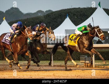 Hot Springs, Arkansas, USA. 26.. Februar 2022. 26. Februar 2022: UN Ojo #4, geritten von Jockey Ramon Vazquez, gewinnt am 26.. Februar 2022 den Rebel Stakes (Grad 2) im Oaklawn Park in Hot Springs, Arkansas. Carson Dennis/Eclipse Sportswire/CSM/Alamy Live News Stockfoto