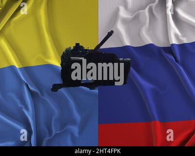 Russland Ukraine Konflikt. Panzer auf den Fahnen von Russland und der Ukraine im Hintergrund Stockfoto