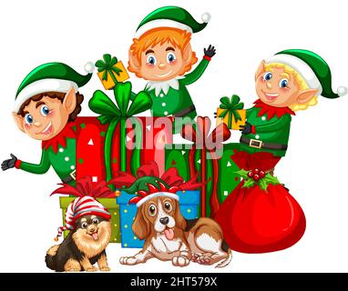 Weihnachtselfen und niedliche Hunde in Weihnachten Thema Illustration Stock Vektor