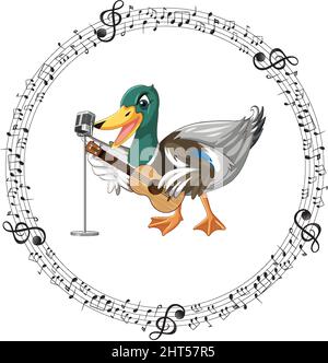 Die Ente spielt Gitarre, Ukulele mit Notenabbildung Stock Vektor