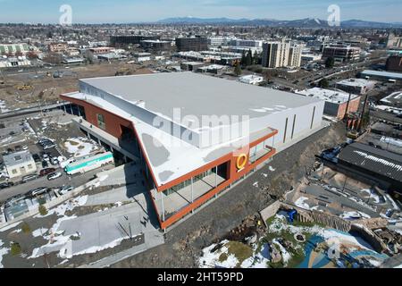 Eine Luftaufnahme des Podests, dem Austragungsort der USA Indoor Track and Field Championships, Samstag, 26. Februar 2022, in Spokane, Wash. Stockfoto